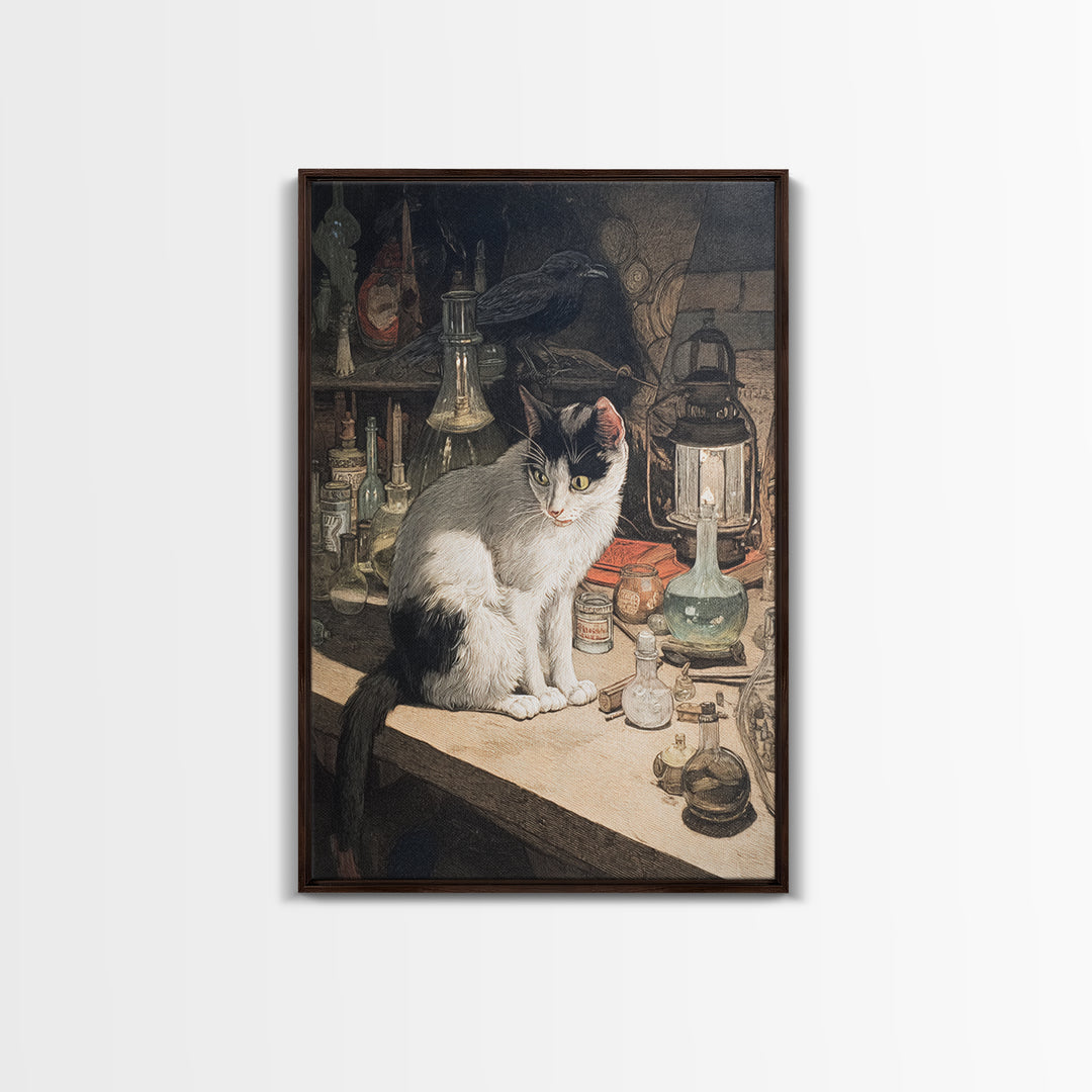 The Witch'S Cat Cafe, Dark Renaissance Art, Vertical Wall Art, Macabre Wall Art, Framed Canvas Print, Halloween Wall Art
