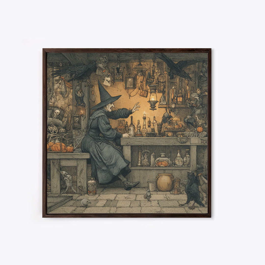 The Witch'S Cat Cafe, Danse Macabre Art, Square Wall Art, Dark Fantasy Wall Art, Framed Canvas Print, Halloween Wall Art