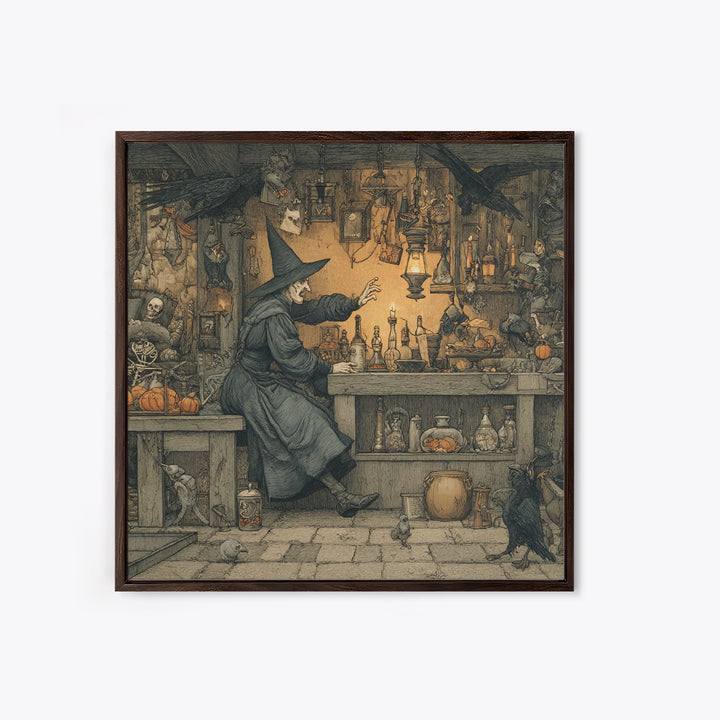 The Witch'S Cat Cafe, Danse Macabre Art, Square Wall Art, Dark Fantasy Wall Art, Framed Canvas Print, Halloween Wall Art