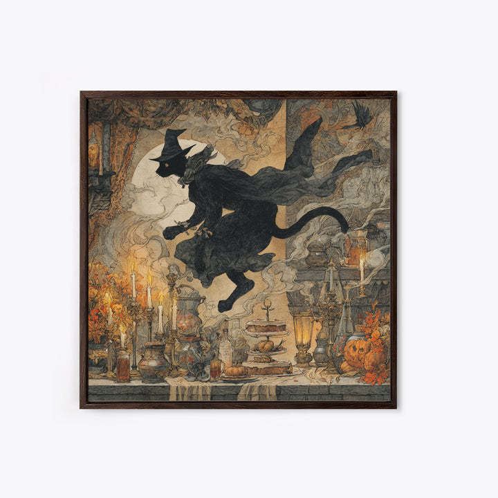 The Witch'S Cat Cafe, Baroque Witchcraft Art, Square Wall Art, Dark Halloween Decor, Framed Canvas Print, Halloween Wall Art