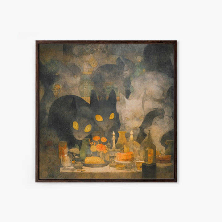 The Witch'S Cat Cafe, Symbolist Dream Art, Square Wall Art, Macabre Wall Art, Framed Canvas Print, Halloween Wall Art, Horror Wall Art