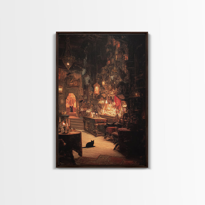 The Witch'S Cat Cafe, Ornate Symbolist Art, Vertical Wall Art, Macabre Wall Art, Framed Canvas Print, Halloween Wall Art
