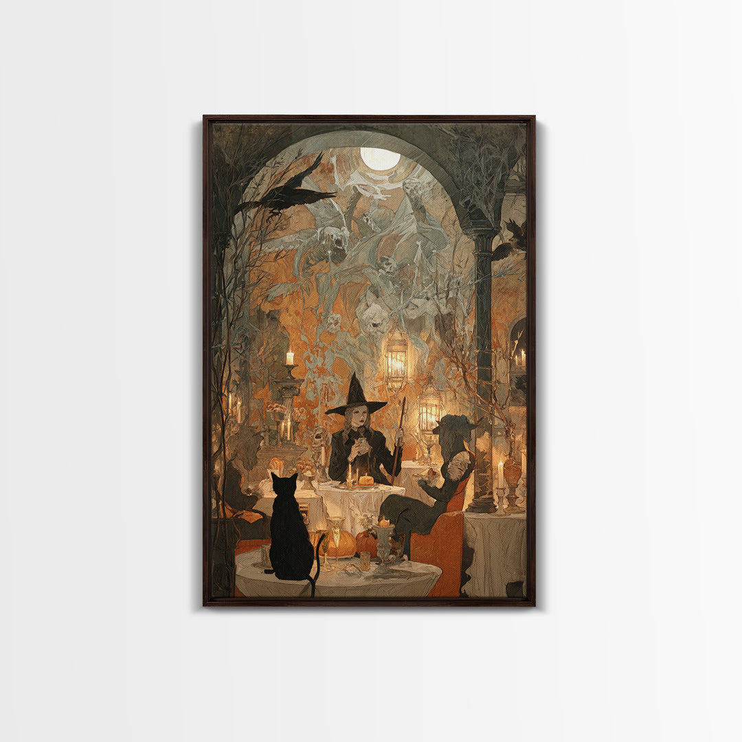 The Witch'S Cat Cafe, Decadent Gothic Art, Vertical Wall Art, Gothic Horror Wall Art, Framed Canvas Print, Halloween Wall Art