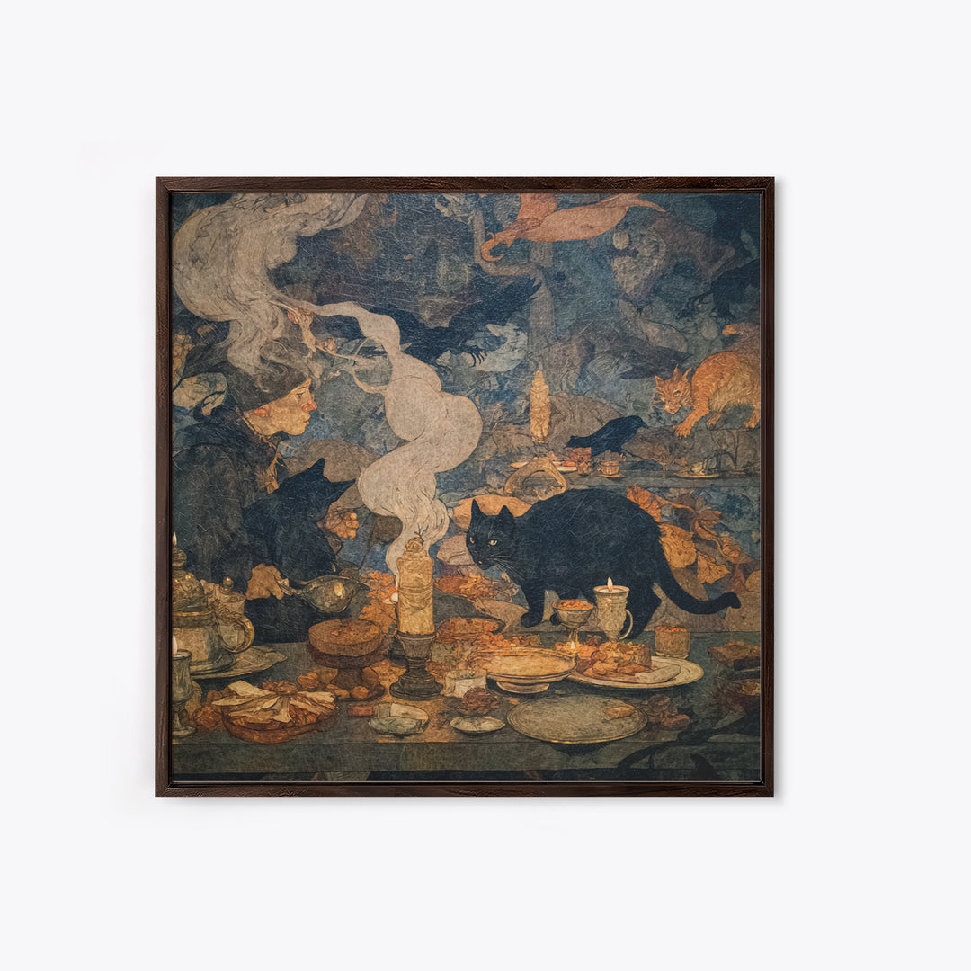 The Witch'S Cat Cafe, Dark Symbolist Art, Square Wall Art, Dark Halloween Decor, Framed Canvas Print, Halloween Wall Art