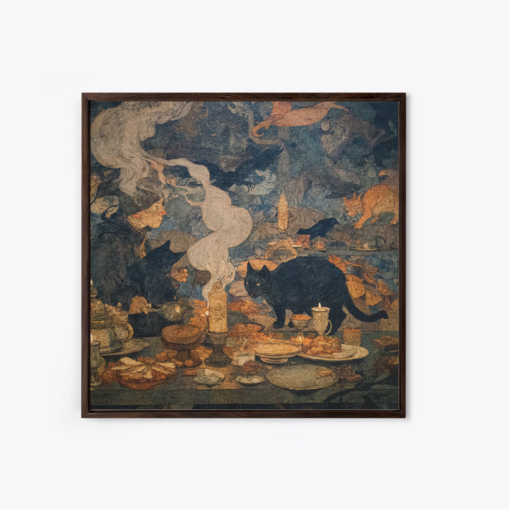The Witch'S Cat Cafe, Dark Symbolist Art, Square Wall Art, Dark Halloween Decor, Framed Canvas Print, Halloween Wall Art