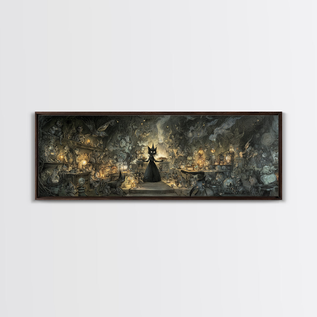 The Witch'S Cat Cafe, Expressionist Nightmare Art, Extra Wide Wall Art, Dark Halloween Decor, Canvas Print, Halloween Wall Art