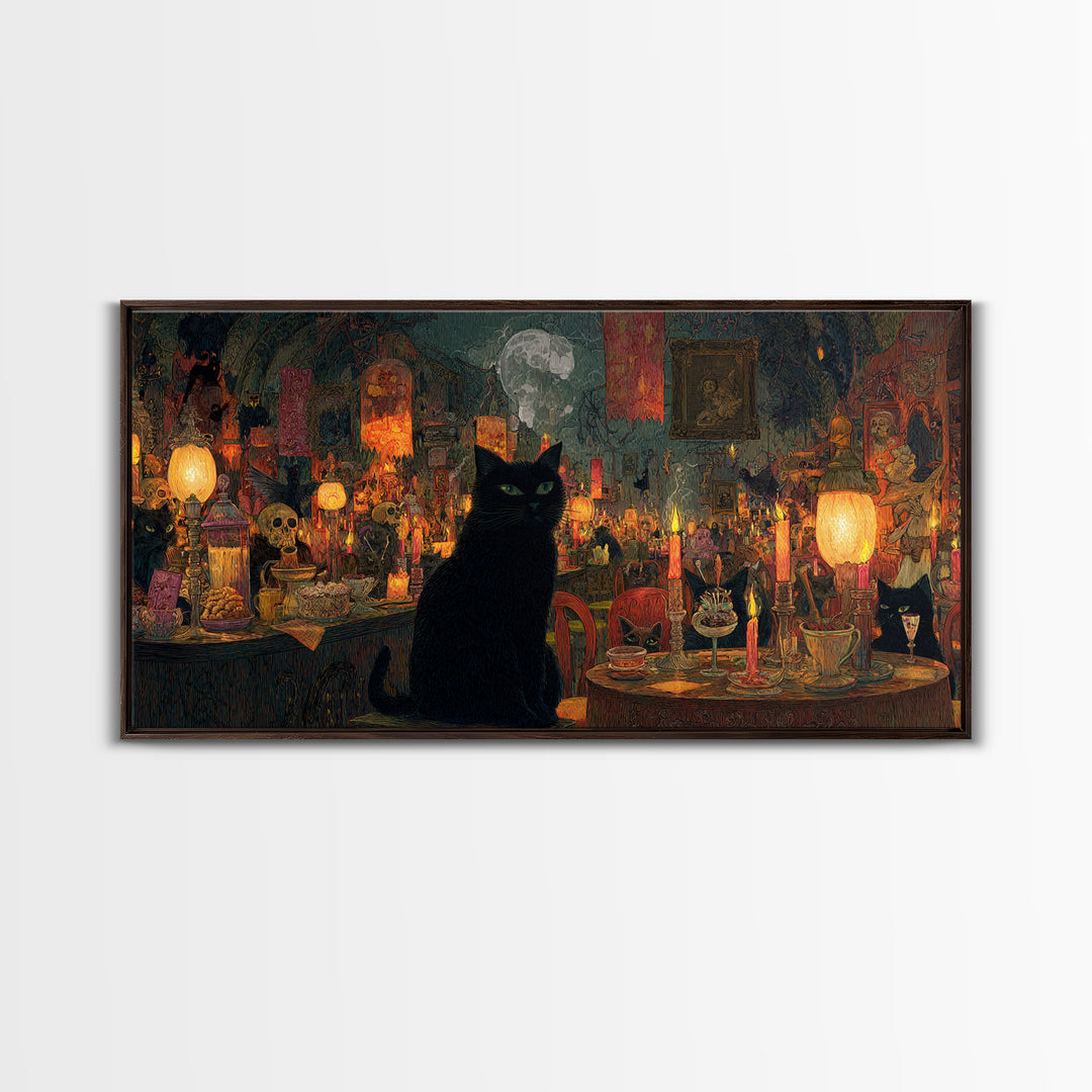 The Witch'S Cat Cafe, Grotesque Carnival Art, Wide Panoramic Art, Dark Halloween Decor, Framed Canvas Print, Halloween Wall Art