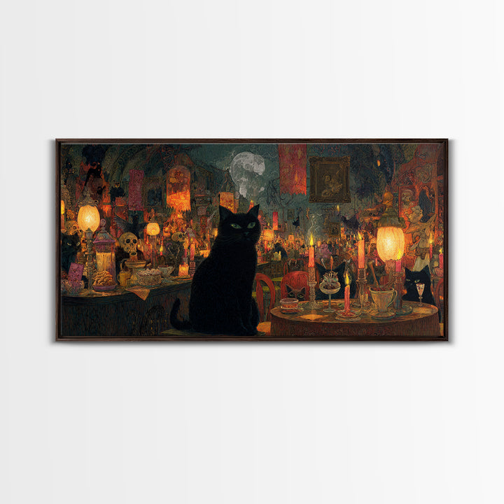 The Witch'S Cat Cafe, Grotesque Carnival Art, Wide Panoramic Art, Dark Halloween Decor, Framed Canvas Print, Halloween Wall Art