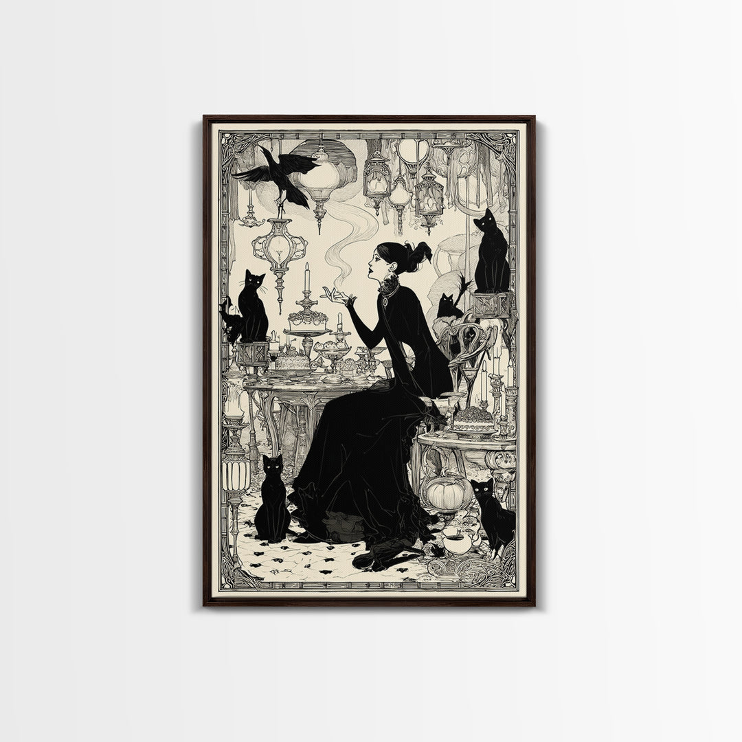 The Witch'S Cat Cafe, Decadent Line Art, Vertical Wall Art, Gothic Horror Wall Art, Framed Canvas Print, Halloween Wall Art