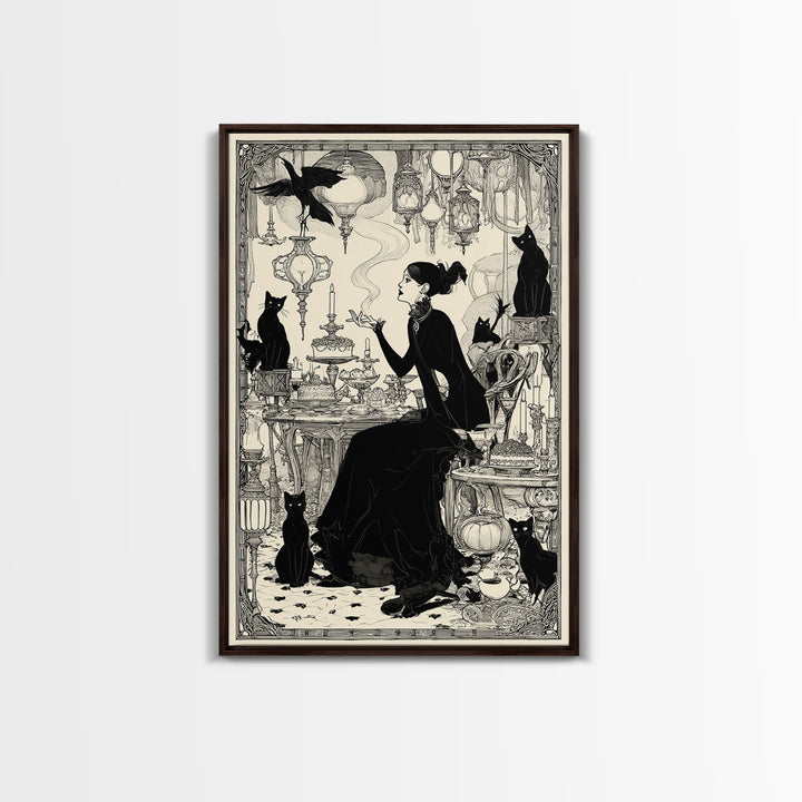 The Witch'S Cat Cafe, Decadent Line Art, Vertical Wall Art, Gothic Horror Wall Art, Framed Canvas Print, Halloween Wall Art