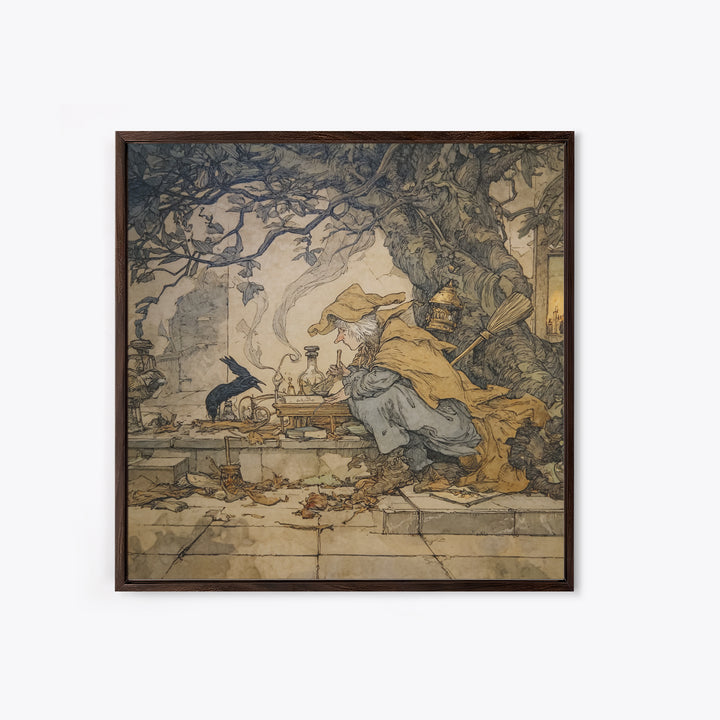 The Witch'S Cat Cafe, Gothic Storybook Art, Square Wall Art, Dark Halloween Decor, Canvas Print, Halloween Wall Art