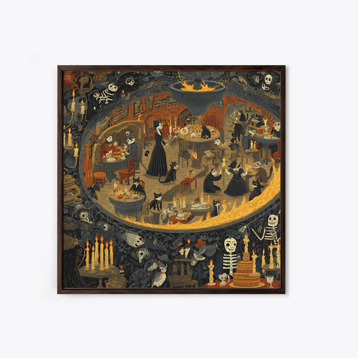 The Witch'S Cat Cafe, Macabre Folk Print Art, Square Wall Art, Macabre Wall Art, Framed Canvas Print, Halloween Wall Art