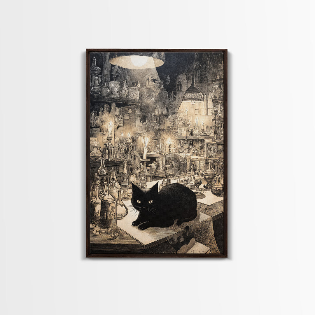 The Witch'S Cat Cafe, Victorian Macabre Art, Vertical Wall Art, Macabre Wall Art, Framed Canvas Print, Halloween Wall Art