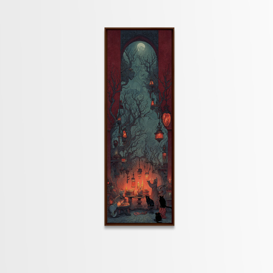 The Witch'S Cat Cafe, Surreal Apocalyptic Art, Tall Narrow Wall Art, Dark Fantasy Wall Art, Framed Canvas Print, Halloween Wall Art