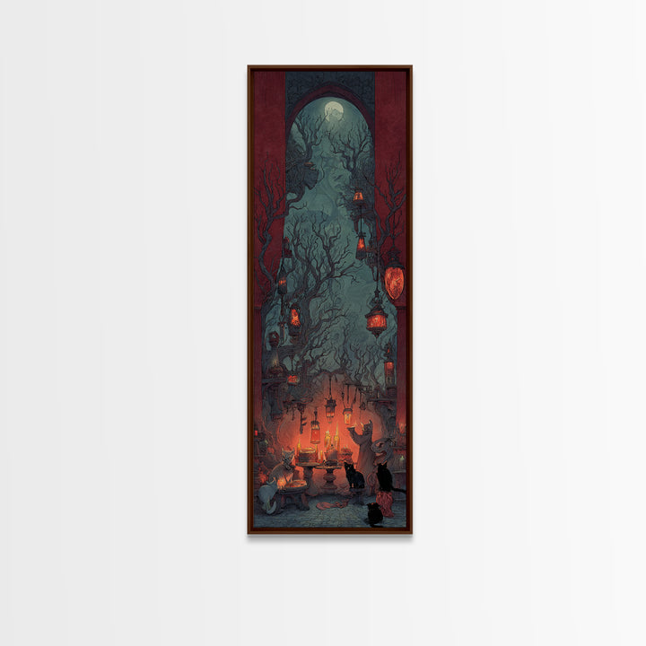 The Witch'S Cat Cafe, Surreal Apocalyptic Art, Tall Narrow Wall Art, Dark Fantasy Wall Art, Framed Canvas Print, Halloween Wall Art