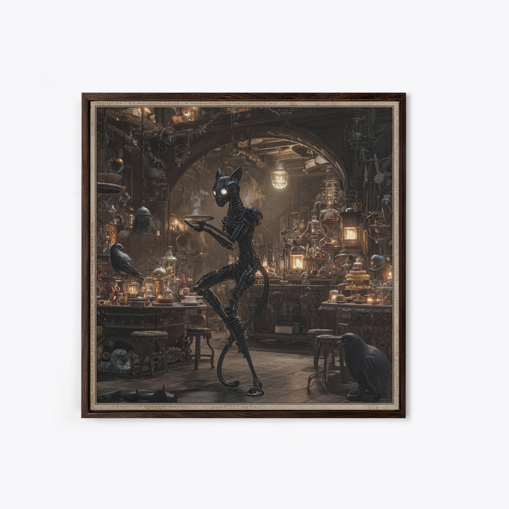 The Witch'S Cat Cafe, Biomechanical Horror Art, Square Wall Art, Dark Halloween Decor, Framed Canvas Print, Halloween Wall Art