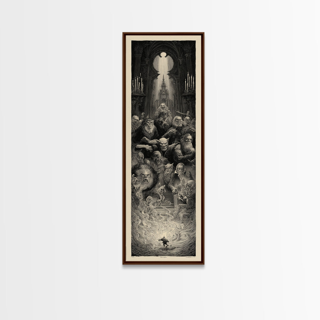 The Monster Family Portrait, Gothic Engraving Art, Tall Narrow Wall Art, Dark Halloween Decor, Canvas Print, Halloween Wall Art