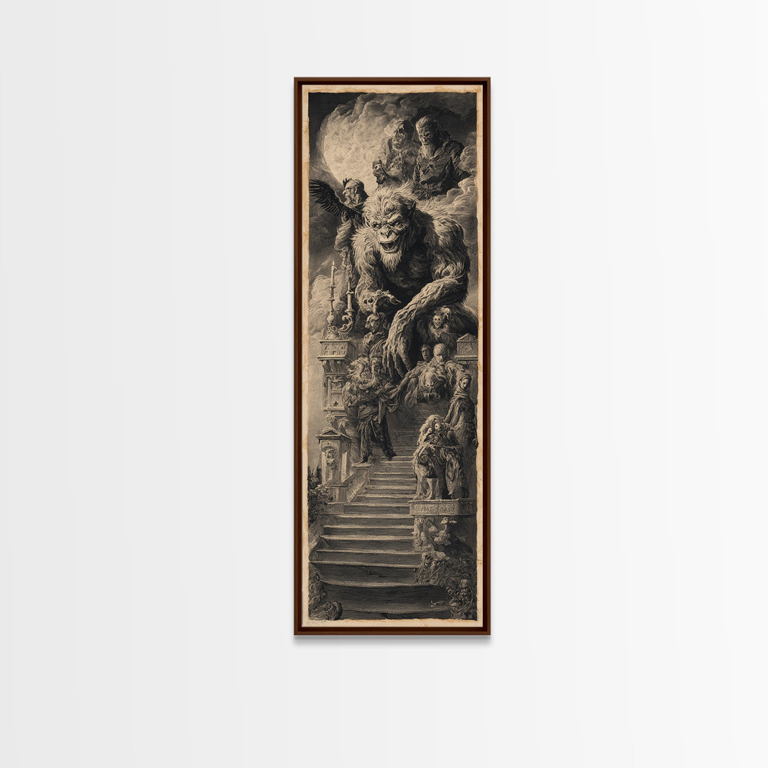 The Monster Family Portrait, Architectural Etching Art, Tall Narrow Wall Art, Dark Halloween Decor, Framed Canvas Print
