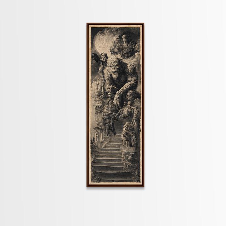 The Monster Family Portrait, Architectural Etching Art, Tall Narrow Wall Art, Dark Halloween Decor, Framed Canvas Print