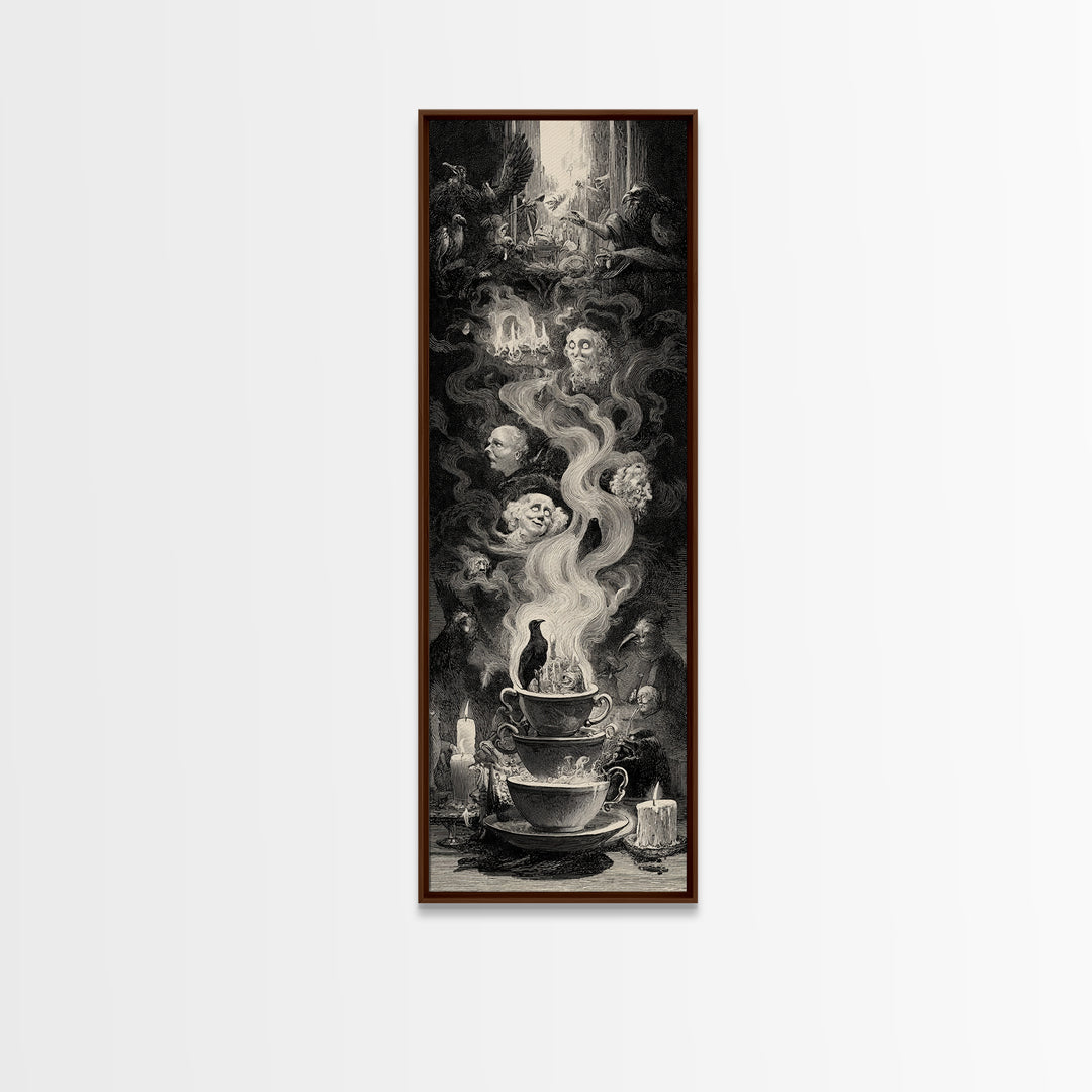 Tiny Ghosts In Teacups, Gothic Engraving Art, Tall Narrow Wall Art, Dark Fantasy Wall Art, Framed Canvas Print, Halloween Wall Art
