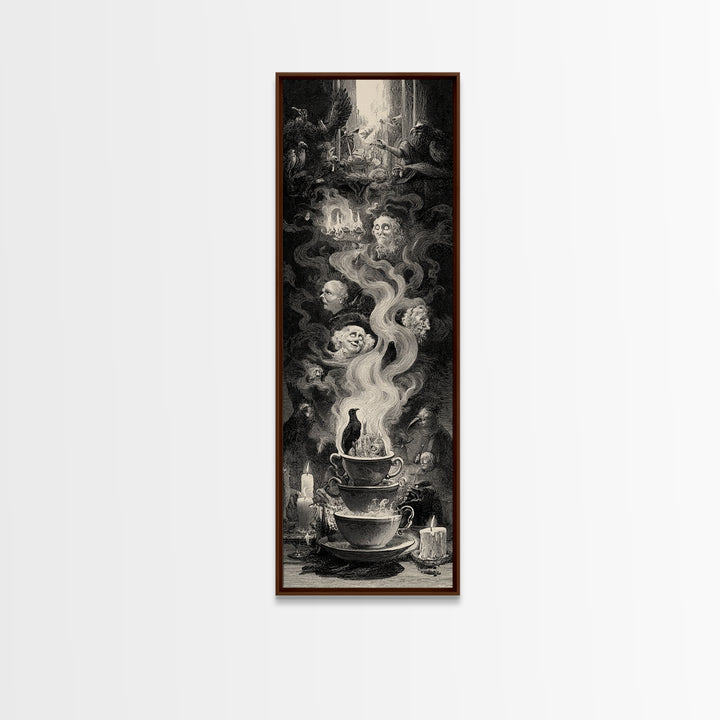 Tiny Ghosts In Teacups, Gothic Engraving Art, Tall Narrow Wall Art, Dark Fantasy Wall Art, Framed Canvas Print, Halloween Wall Art