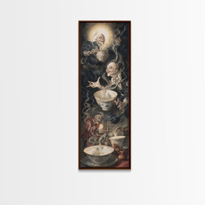 Tiny Ghosts In Teacups, Dark Renaissance Art, Tall Narrow Wall Art, Dark Halloween Decor, Framed Canvas Print, Halloween Wall Art