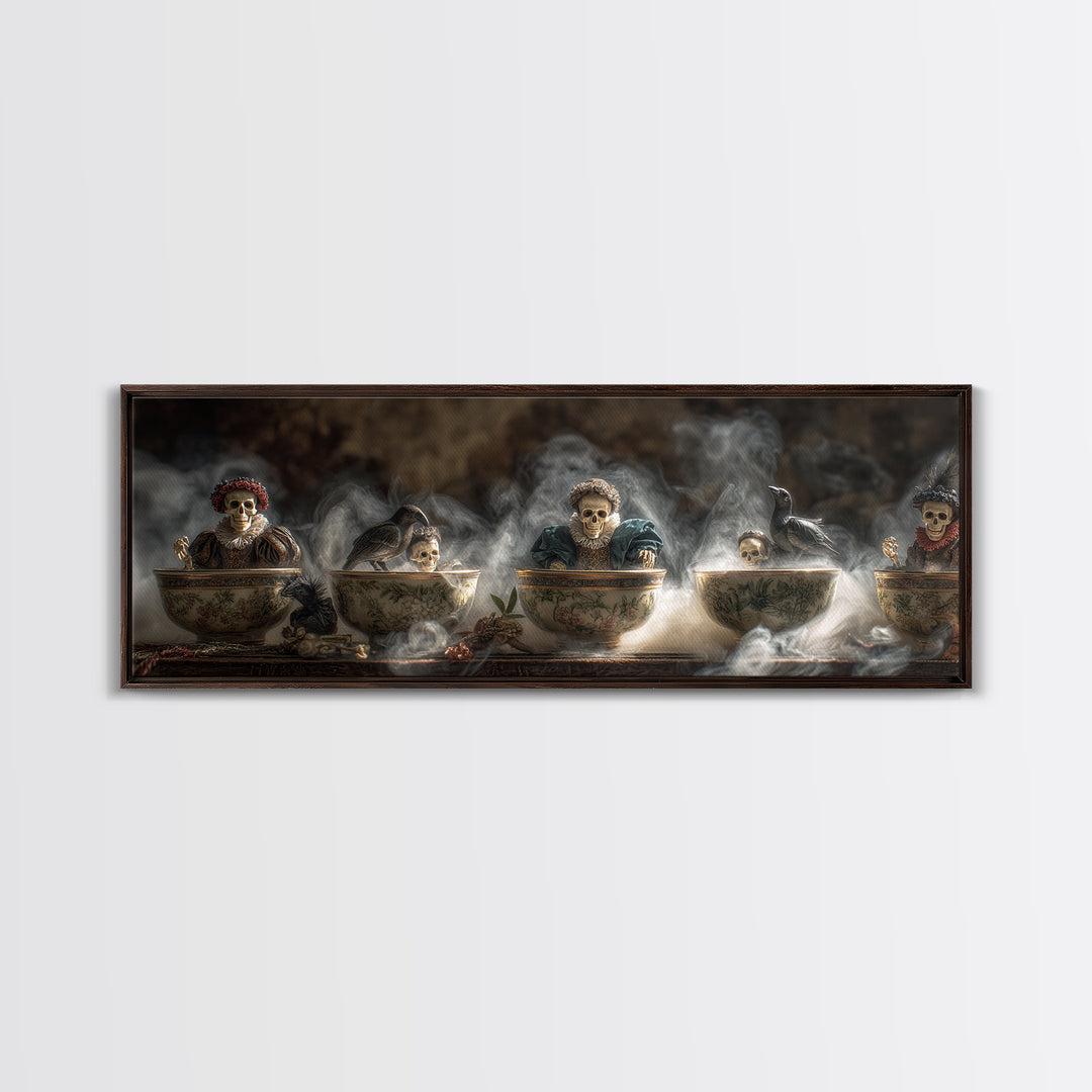 Tiny Ghosts In Teacups, Danse Macabre Art, Extra Wide Wall Art, Dark Fantasy Wall Art, Framed Canvas Print