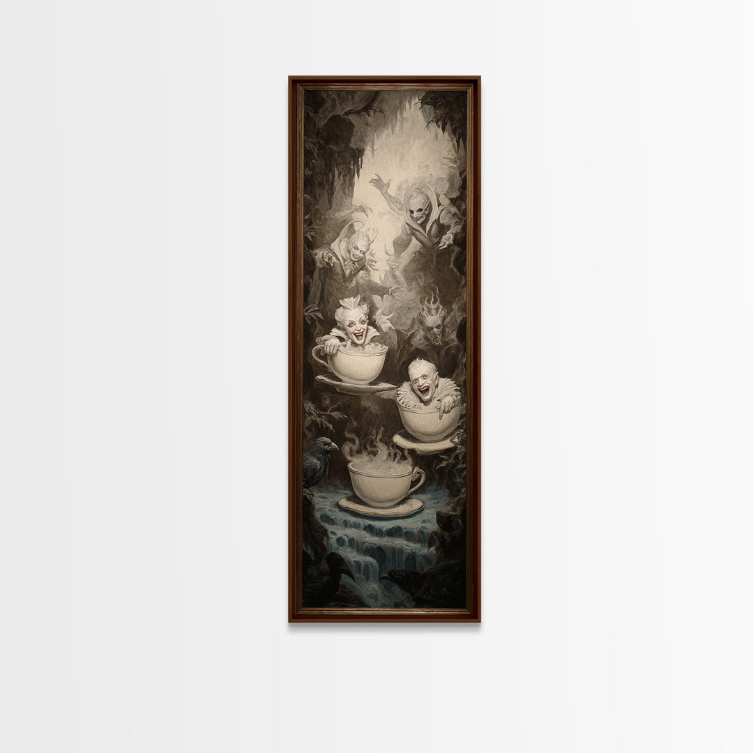 Tiny Ghosts In Teacups, Gothic Nightmare Art, Tall Narrow Wall Art, Macabre Wall Art, Framed Canvas Print, Halloween Wall Art