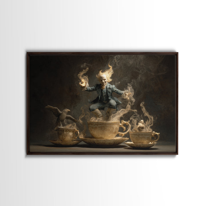 Tiny Ghosts In Teacups, Visionary Gothic Art, Landscape Wall Art, Dark Halloween Decor, Framed Canvas Print, Halloween Wall Art