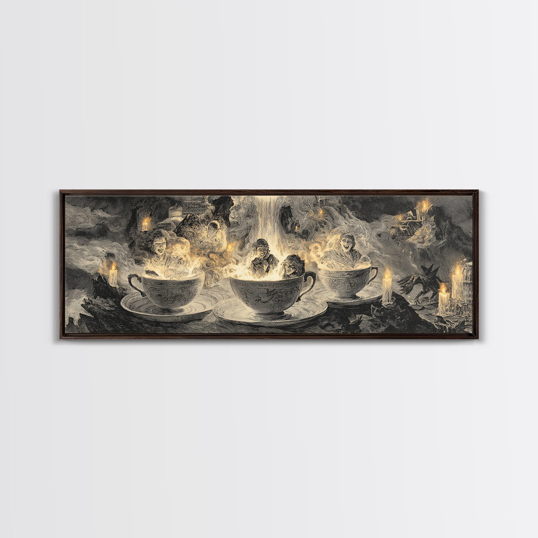 Tiny Ghosts In Teacups, Apocalyptic Romantic Art, Extra Wide Wall Art, Macabre Wall Art, Canvas Print, Halloween Wall Art, Dark Fantasy Art
