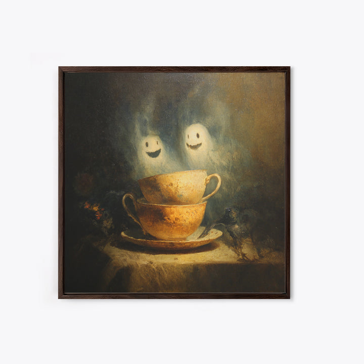 Tiny Ghosts In Teacups, Symbolist Dream Art, Square Wall Art, Dark Halloween Decor, Canvas Print, Halloween Wall Art