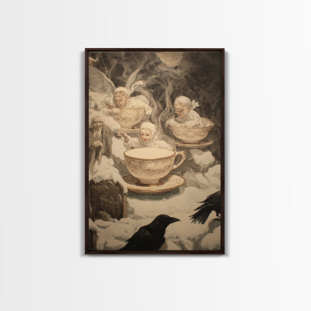 Tiny Ghosts In Teacups, Symbolist Death Art, Vertical Wall Art, Dark Fantasy Wall Art, Canvas Print, Halloween Wall Art