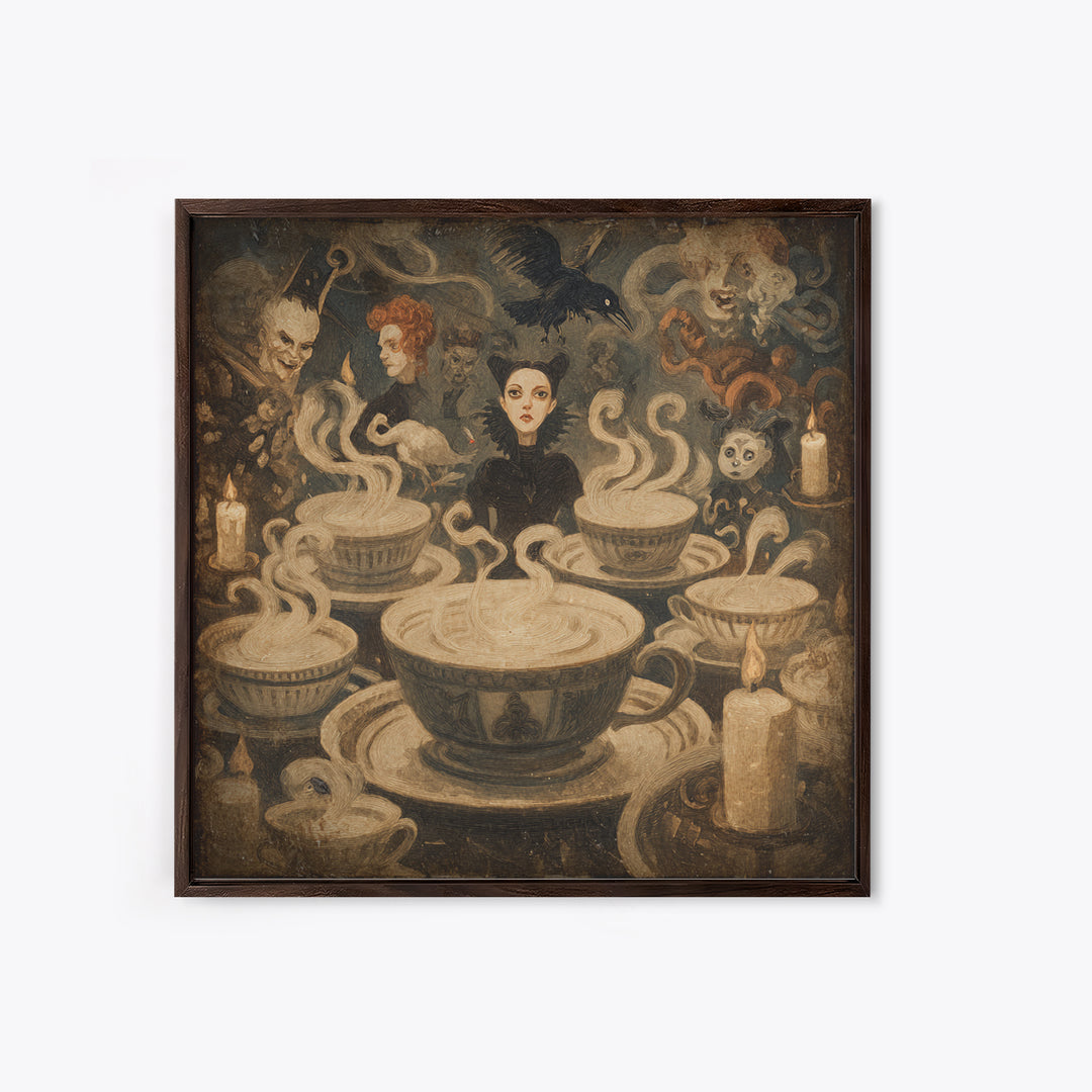 Tiny Ghosts In Teacups, Dark Symbolist Art, Square Wall Art, Gothic Horror Wall Art, Framed Canvas Print, Halloween Wall Art