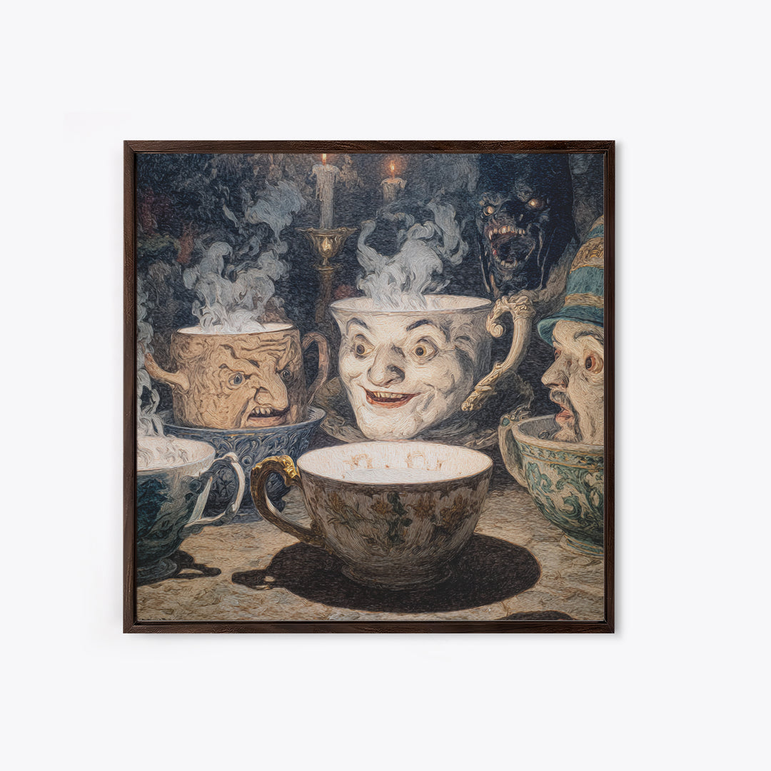 Tiny Ghosts In Teacups, Symbolist Etching Art, Square Wall Art, Dark Fantasy Wall Art, Framed Canvas Print, Halloween Wall Art