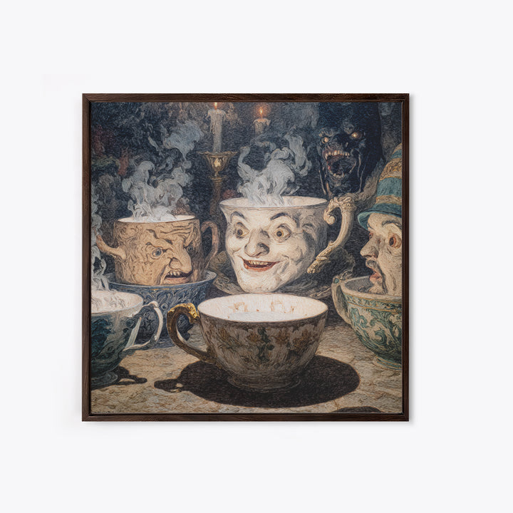 Tiny Ghosts In Teacups, Symbolist Etching Art, Square Wall Art, Dark Fantasy Wall Art, Framed Canvas Print, Halloween Wall Art