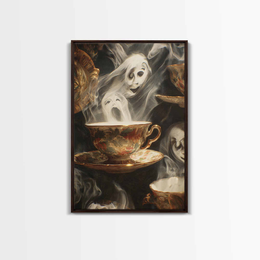 Tiny Ghosts In Teacups, Expressionist Gothic Art, Vertical Wall Art, Dark Fantasy Wall Art, Framed Canvas Print, Halloween Wall Art