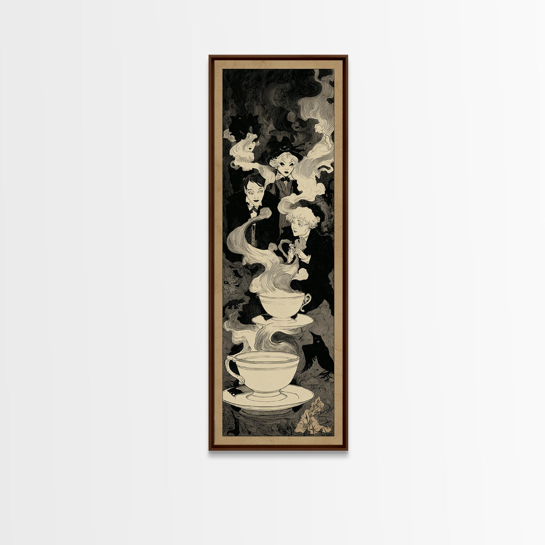 Tiny Ghosts In Teacups, Decadent Line Art, Tall Narrow Wall Art, Macabre Wall Art, Framed Canvas Print, Halloween Wall Art
