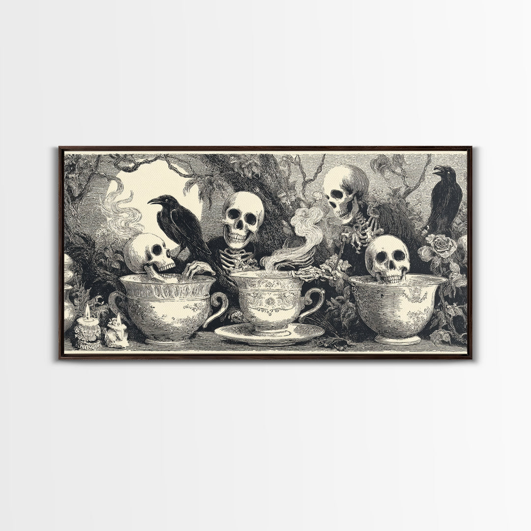 Tiny Ghosts In Teacups, Macabre Folk Print Art, Wide Panoramic Art, Macabre Wall Art, Canvas Print, Halloween Wall Art