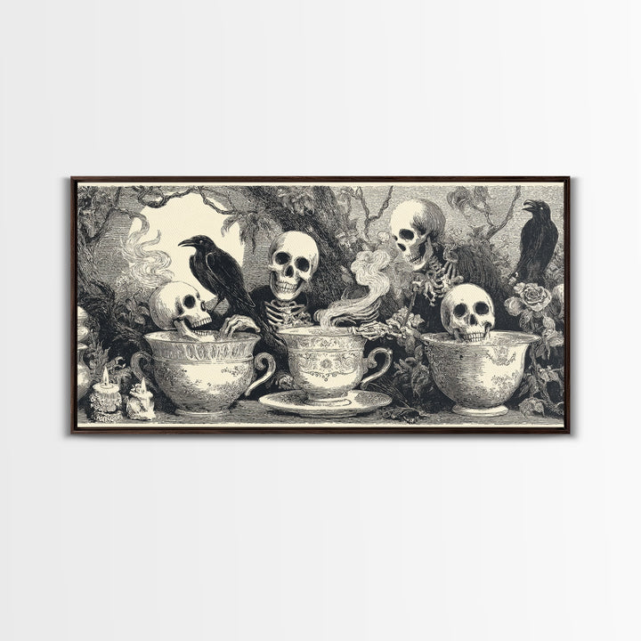 Tiny Ghosts In Teacups, Macabre Folk Print Art, Wide Panoramic Art, Macabre Wall Art, Canvas Print, Halloween Wall Art
