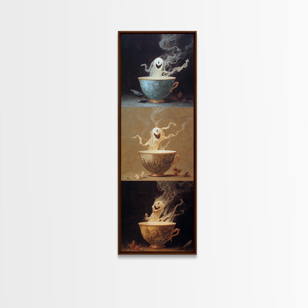 Tiny Ghosts In Teacups, Surreal Apocalyptic Art, Tall Narrow Wall Art, Macabre Wall Art, Canvas Print, Halloween Wall Art