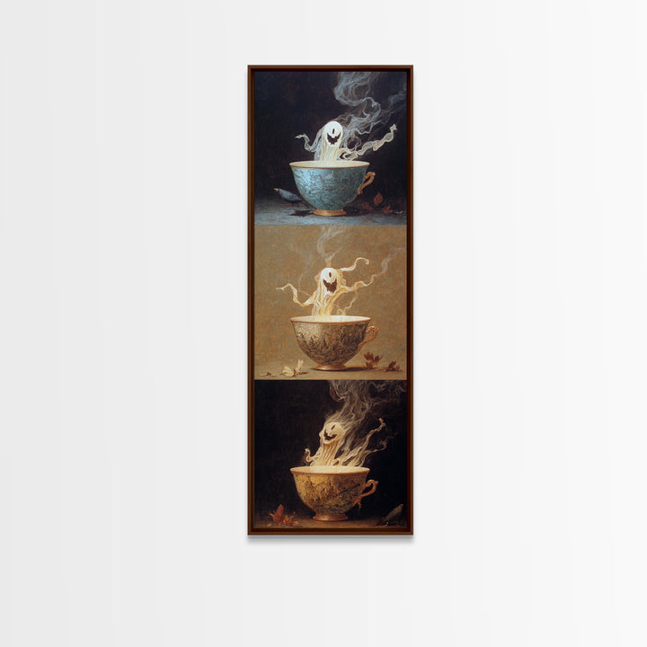Tiny Ghosts In Teacups, Surreal Apocalyptic Art, Tall Narrow Wall Art, Macabre Wall Art, Canvas Print, Halloween Wall Art