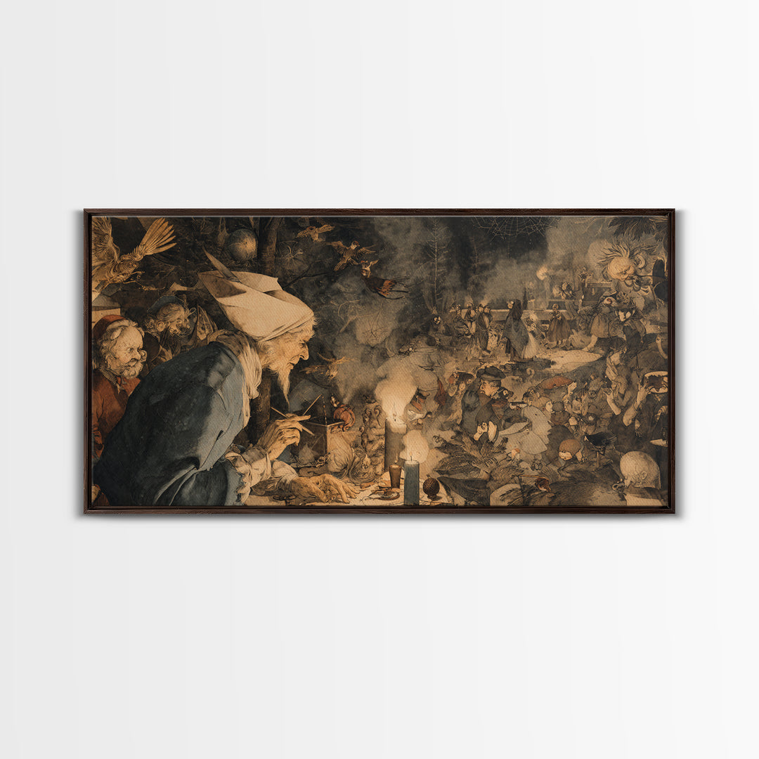 The Spider Sewing Circle, Northern Renaissance Horror, Wide Panoramic Art, Gothic Horror Wall Art, Framed Canvas Print