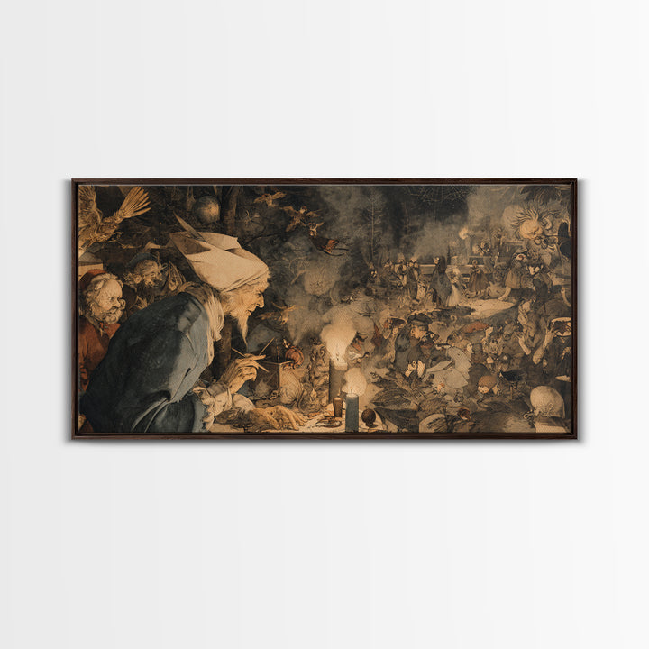 The Spider Sewing Circle, Northern Renaissance Horror, Wide Panoramic Art, Gothic Horror Wall Art, Framed Canvas Print
