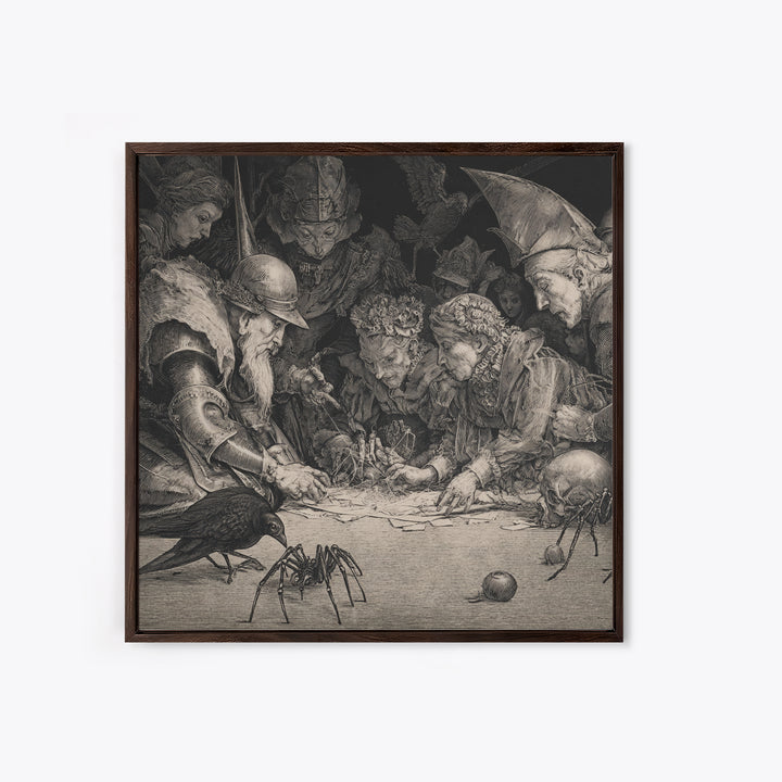 The Spider Sewing Circle, Renaissance Engraving Art, Square Wall Art, Macabre Wall Art, Framed Canvas Print, Halloween Wall Art