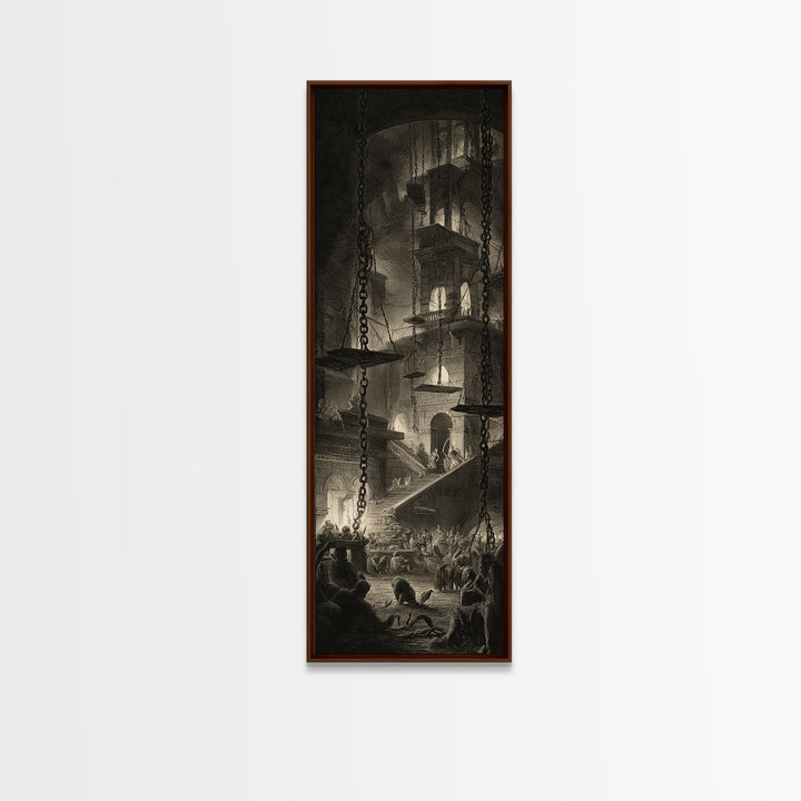 The Spider Sewing Circle, Architectural Etching Art, Tall Narrow Wall Art, Dark Halloween Decor, Canvas Print
