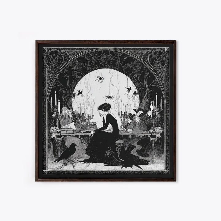 The Spider Sewing Circle, Decadent Line Art, Square Wall Art, Macabre Wall Art, Framed Canvas Print, Halloween Wall Art