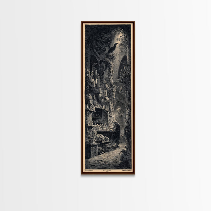 The Goblin Candy Shop, Gothic Engraving Art, Tall Narrow Wall Art, Dark Fantasy Wall Art, Framed Canvas Print, Halloween Wall Art