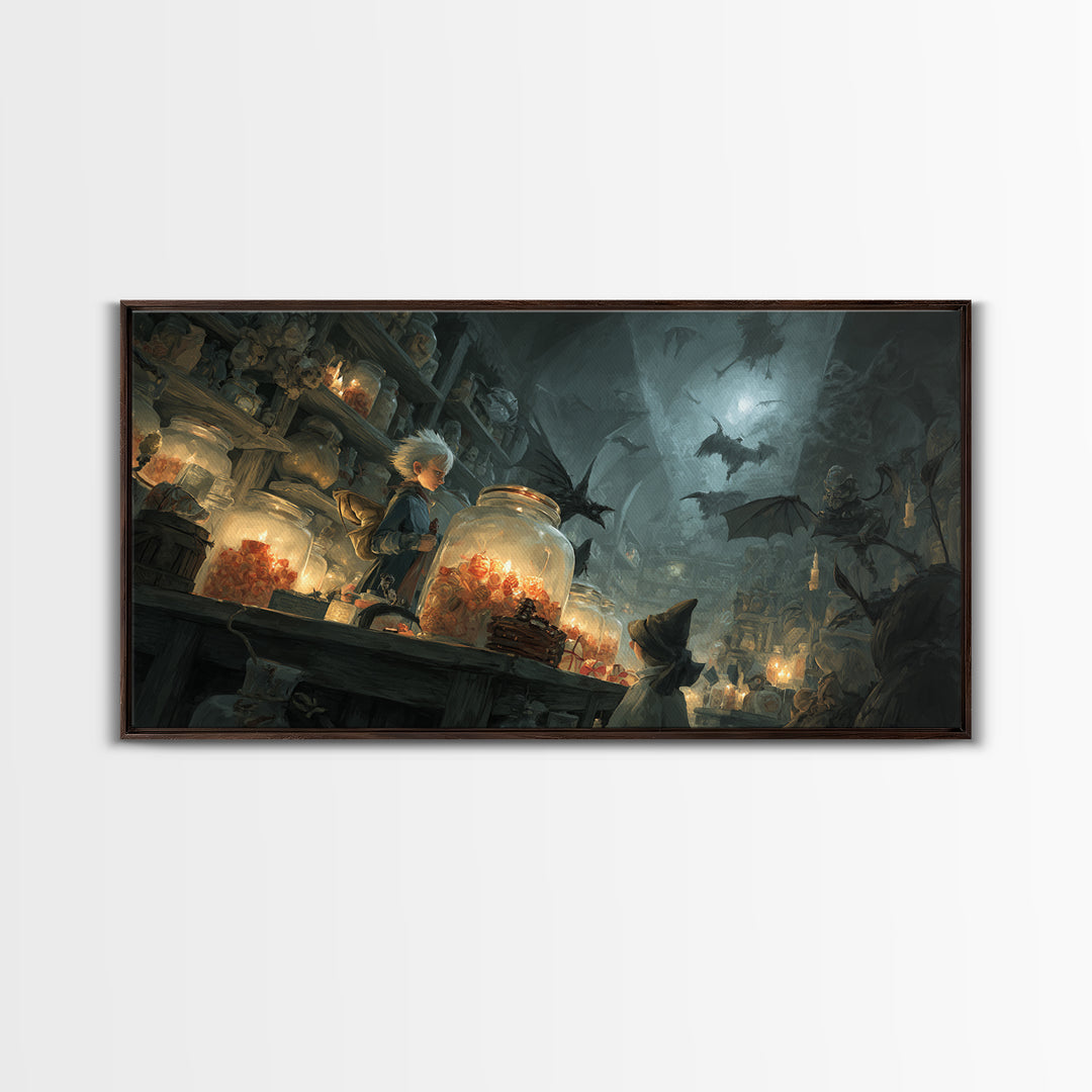 The Goblin Candy Shop, Visionary Gothic Art, Wide Panoramic Art, Dark Halloween Decor, Canvas Print, Halloween Wall Art