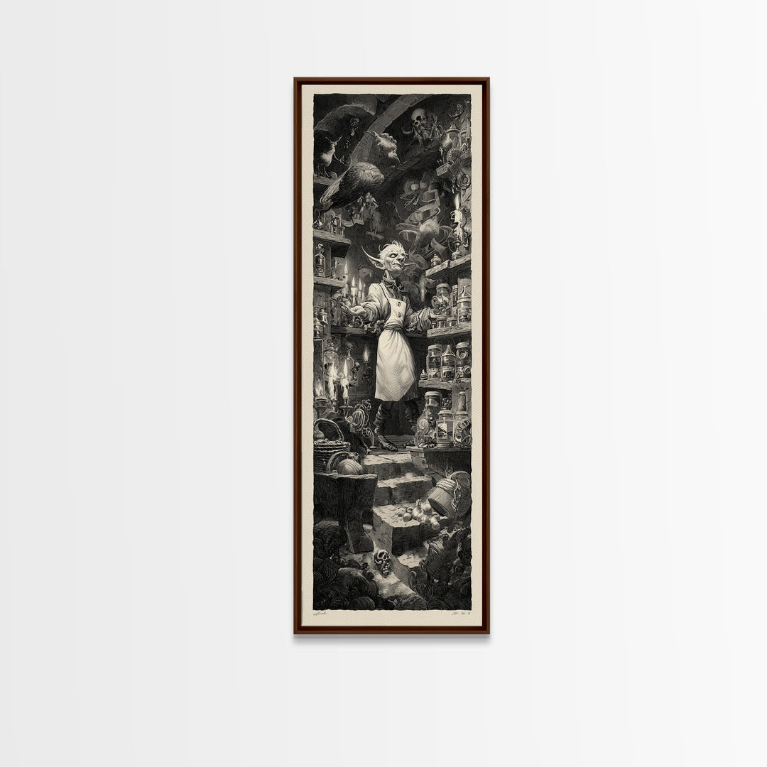 The Goblin Candy Shop, Architectural Etching Art, Tall Narrow Wall Art, Dark Halloween Decor, Canvas Print, Halloween Wall Art