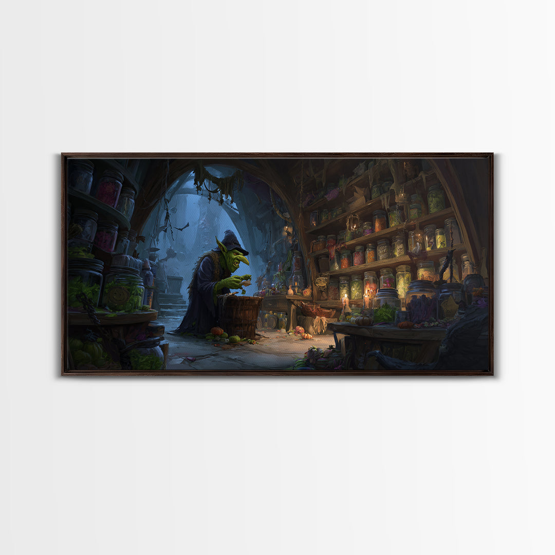 The Goblin Candy Shop, Apocalyptic Romantic Art, Wide Panoramic Art, Gothic Horror Wall Art, Framed Canvas Print, Halloween Wall Art